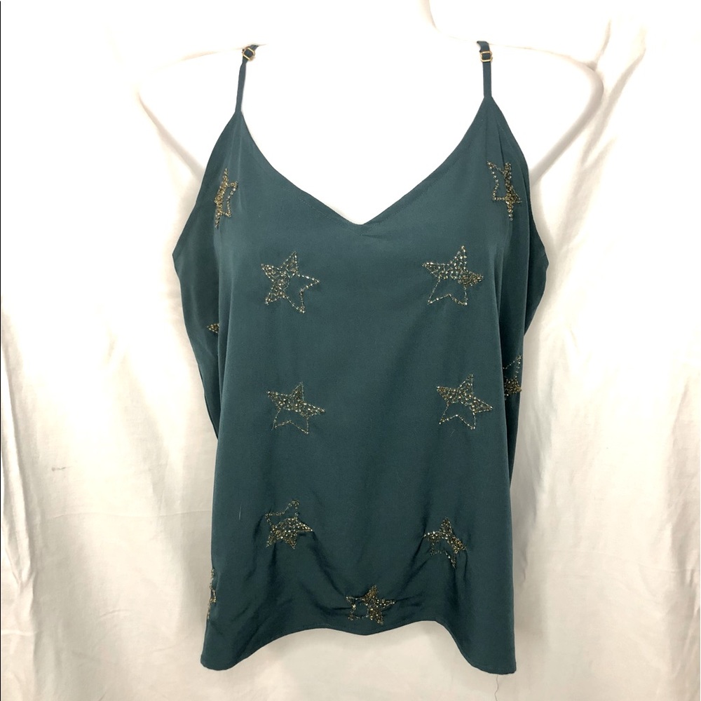 🔴 Boho Blouse Tank Top Green with Gold Beaded Stars